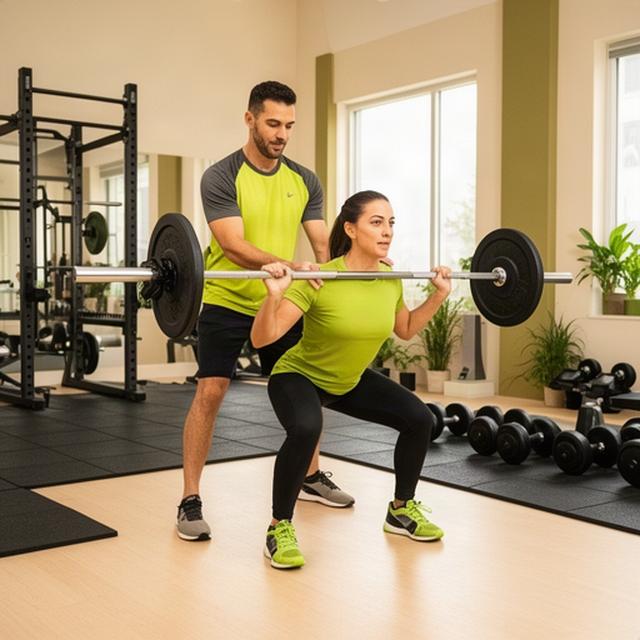 Personal trainer coaching a client through a barbell exercise in a bright Candiac fitness studio