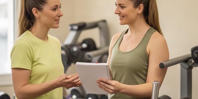 Fitness coach reviewing a client's training notes beside a rack of weights in Candiac
