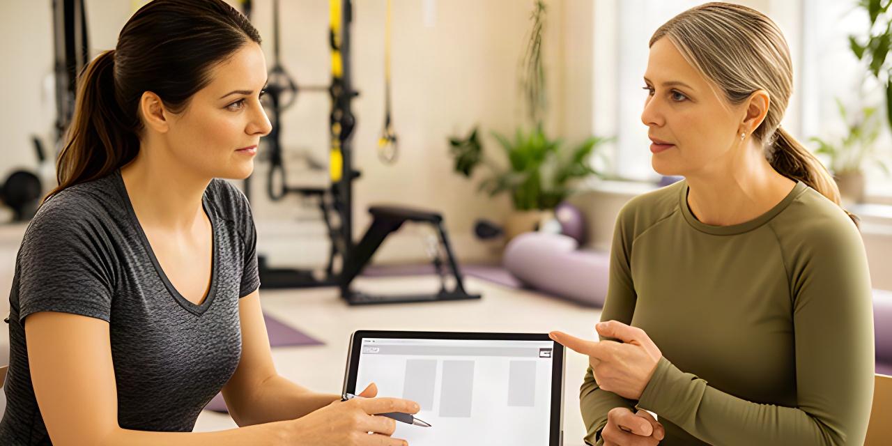 Fitness coach reviewing a written training plan with an adult client in a bright Candiac studio