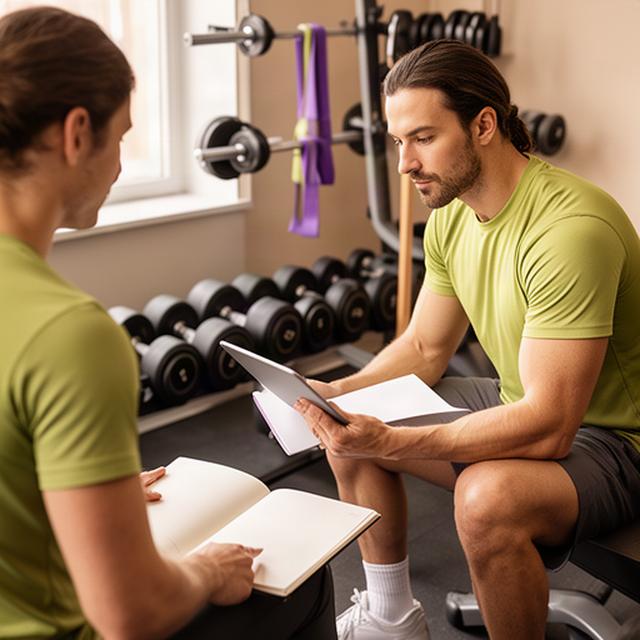 Trainer reviewing a client's written fitness plan beside strength equipment