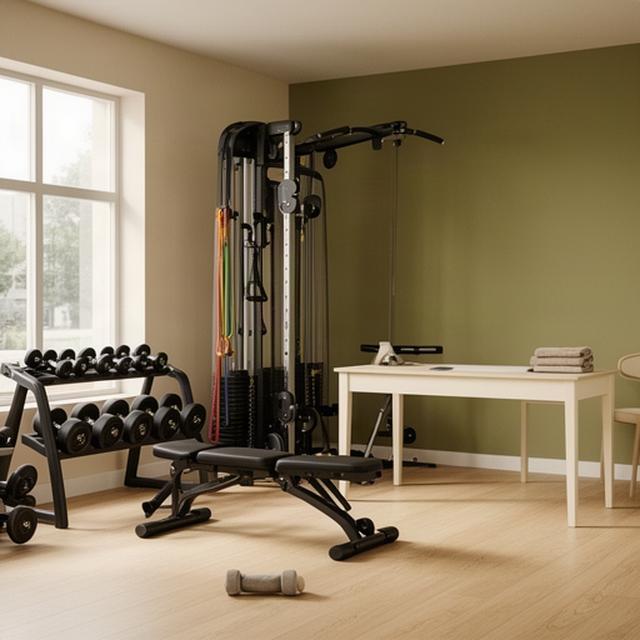 Quiet personal training studio with strength equipment arranged beside a consultation table