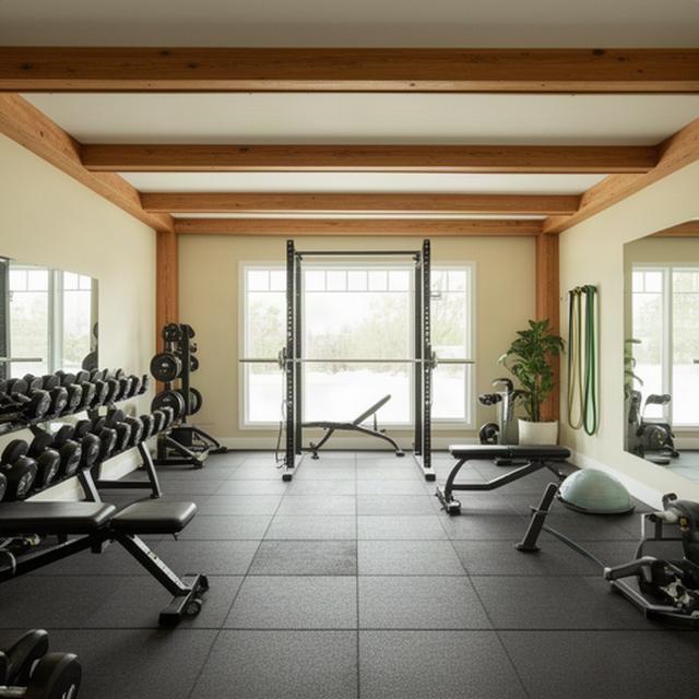Light-filled personal training studio with free weights, timber details, and open space in Candiac