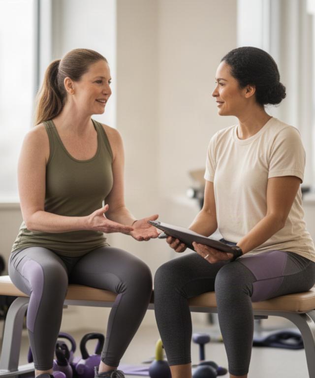 Fitness coach speaking with a client beside a training bench during a one-to-one consultation