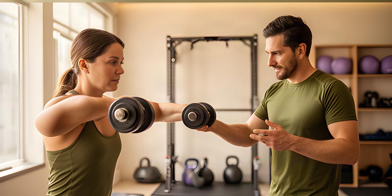 Coach adjusting a client's barbell technique during a focused personal training session in Candiac
