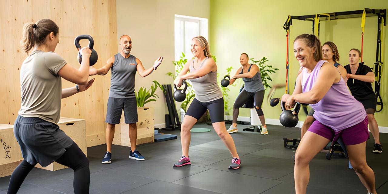 Small group completing functional strength exercises with kettlebells in a welcoming Quebec training studio